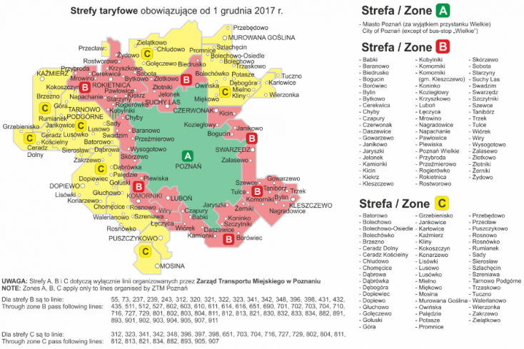 Карта ниже показывает район Познани;  отмечены тарифные зоны (цвета: A - зеленый, B - красный, C - желтый) и города, пересекаемые автобусными линиями, организованными ZTM